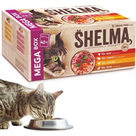 SHELMA MEGA BOX Nassfutter für Katzen, 40 x 85 g Filets, Mischung aus 4 Geschmacksrichtungen, getreidefrei
