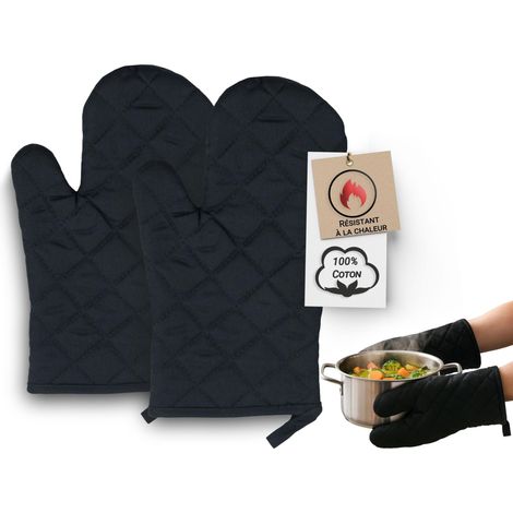Lot de 2 Gants de Cuisine en Noir - Gants de Cuisine résistants à la Chaleur - Coton - 18x28 cm - avec Crochet Pratique - lavables jusqu'à 60 °C (1/5)
