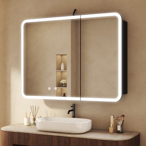 80x60cm LED Spiegelschrank Bad mit Beleuchtung, Spiegelschrank Schwarz mit Beleuchtung Badezimmerschrank mit Spiegel Hängeschränke Bad mit 3 Einstellbare Lichtfarben, Beschlagfrei (1/5)