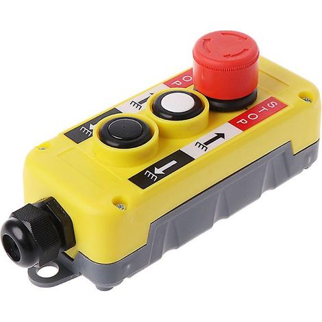 Interrupteur à bouton-poussoir industriel étanche pour arrêt d'urgence de pont roulant électrique. (1/4)