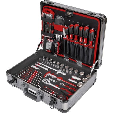 Stier – Mallette à outils complète 144 pièces – Aluminium renforcé – Outils de précision pour réparations – Compartiments organisés