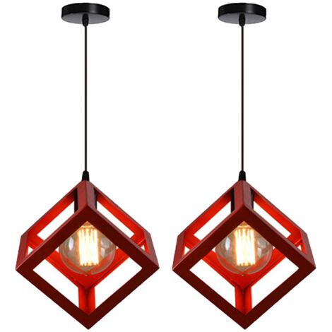 royaluxe- 2PCS Suspension Lustre En Forme De Cube Suspension Luminaire Moderne Plafonnier Rétro Vintage Rouge (1/5)