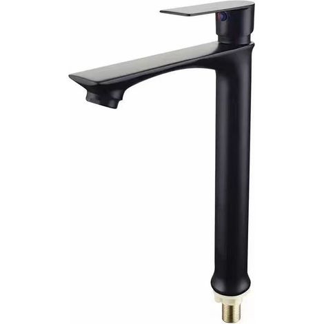Washbasin faucet, single hole, bathroom sink, single cold water valve, under-counter faucet - long, flat, black, tall style.