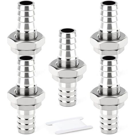 Pair 5 pièces raccord passe-cloison à barbillon en acier inoxydable 304, raccord droit 12 mm, connecteur à montage sur panneau pour air, eau et carburant (1/5)