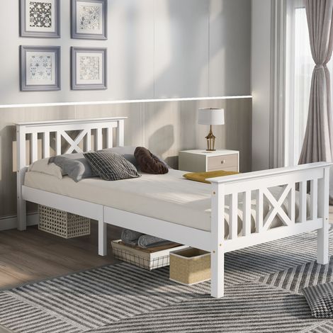 Cama individual 90/200 cm blanca de madera maciza con cabecero en X (1/5)