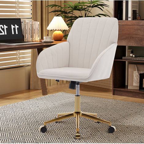 Sedia da ufficio 59x60x84-93 cm bianca in velluto con altezza regolabile e rotazione a 360° (1/5)