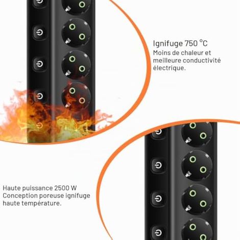 Multiprise commutable individuellement, multiprise avec 2 USB-A et 1 USB C, 8 en 1, multiprise, protection contre les surtensions pour la maison, le bureau (noir) (1/3)