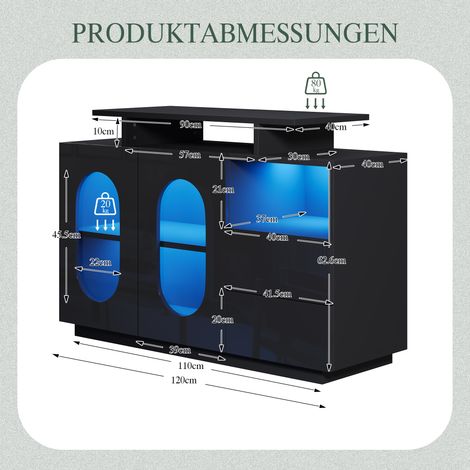 Buffet noir LED design avec portes vitrées ovales et façade laquée brillante - combine rangement pratique et élégance moderne. Parfait comme vitrine, crédence ou minibar pour intérieurs chics.