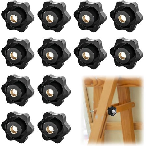 12 Pièces - Bouton de Serrage - Écrou Moleté - Poignée Étoile M6 - Fixation Manuelle Sans Outil - Pour Mobilier et Équipement Industriel - Noir - 32x25cm