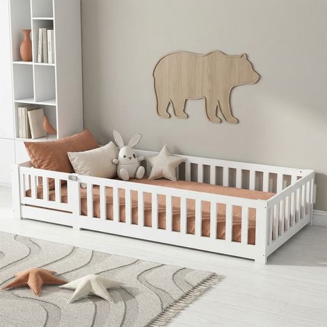 Cama infantil 120 x 200 cm, madera maciza de pino, con barandillas de seguridad, barniz blanco al agua, somier de láminas