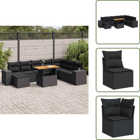 vidaXL Salon de jardin avec coussins 9 pcs noir résine tressée acacia (1/5)