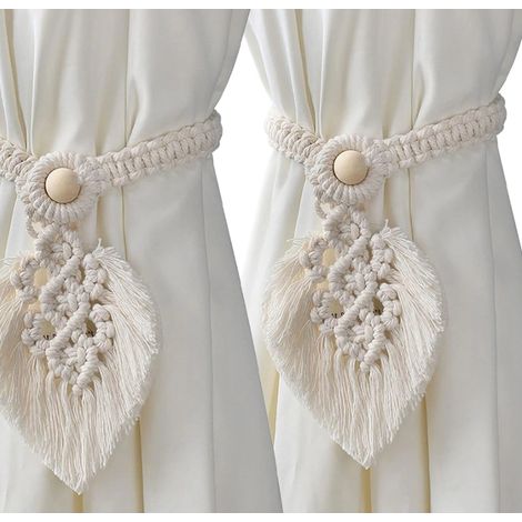 Lot de 2 porte-cravates pour rideaux bohème, fabriqués à la main, en corde de coton tissées à la main, Blanc,chambre, les terrasses et les gazebos (1/5)