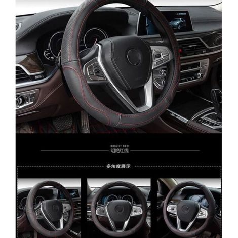 Coprivolante per auto, in similpelle microfibra, misura standard 38 cm, antiscivolo, nero e rosso (1/5)
