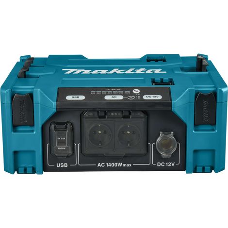 Makita – Convertisseur de tension 36V 1400W avec 2 prises CA et 2 ports USB – Avertisseur sonore – Indicateur LED – BAC01