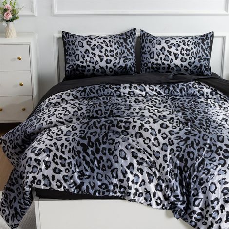 Parure de lit imprimée léopard, Satin Gris argenté, Couette Douce et Soyeuse, Parure de lit en Microfibre Super Douce, Poids léger (Argent, Grand lit (223,5 x 223,5 cm) (1/5)