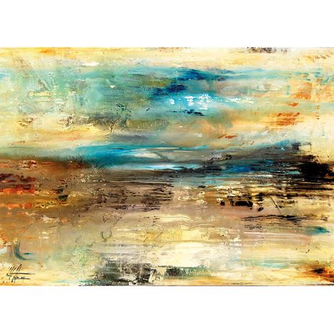 Tableau salon abstrait doré marron & bleu | Tableau connu pour cuisine moderne | Tableau sur toile original multicolore pour couloir - 0,7 x 0,5 m (1/2)
