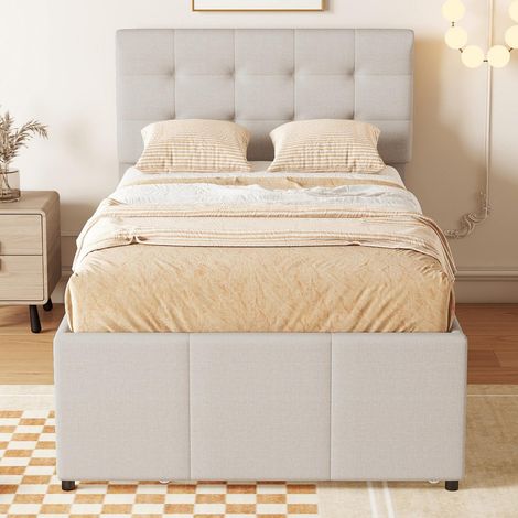 Lit rembourré 90x200 cm avec 3 tiroirs, lit gigogne extensible et tête de lit réglable – lit beige pour famille (1/5)