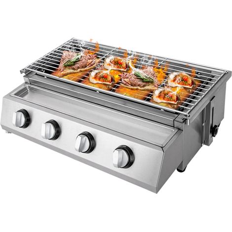 Grill professionnel au gaz Propane/GPL de table portable en acier inoxydable à 4 brûleurs, sans fumée pour le camping et le barbecue intérieur/extérieur (1/5)