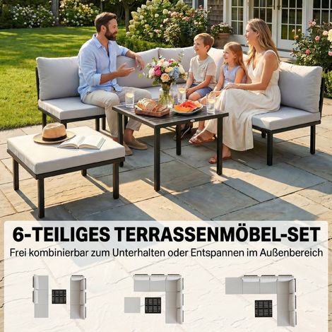 Salon de jardin 5-6 personnes, ensemble lounge avec canapé 2 places, 2 fauteuils, angle, table à lattes et repose-pieds (1/5)