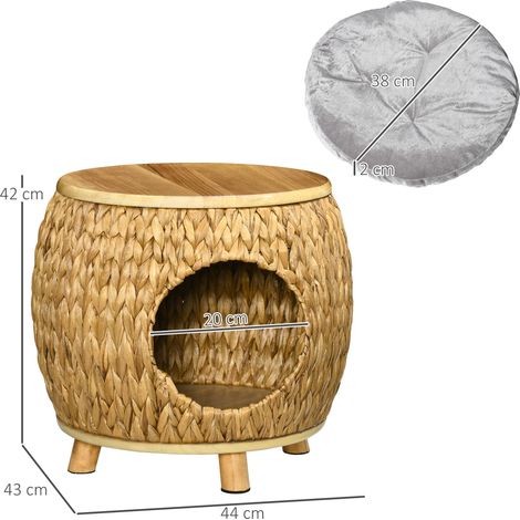 Grotte pour chat Pawhut en jacinthe d'eau, coussin lavable, 44 cm x 43 cm x 42 cm, marron clair, bois naturel et gris (1/5)