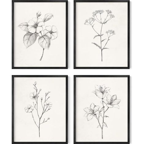 Ensemble de 4 affiches murales florales grises, style vintage, avec des motifs botaniques et des illustrations en noir et blanc (1/4)