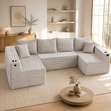 Divano modulare a U 320x155x88 cm, con portabicchieri, tasca laterale, tessuto in corduroy grigio chiaro (1/5)