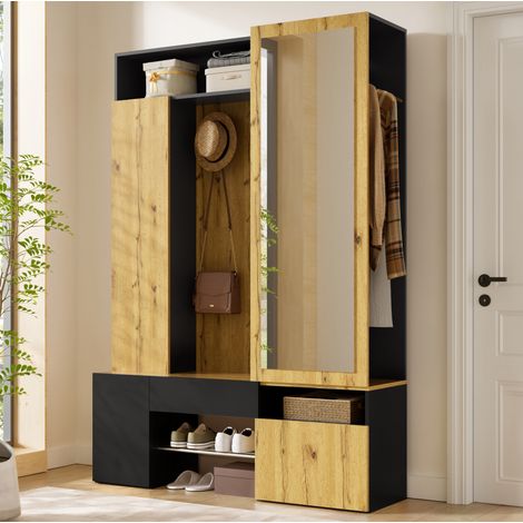 Armario recibidor con espejo y zapatero, perchero con barra y ganchos en MDF negro y madera clara, almacenaje vertical para entrada , 127 x 35 x 180,5 cm-FLORAGRACE (1/5)
