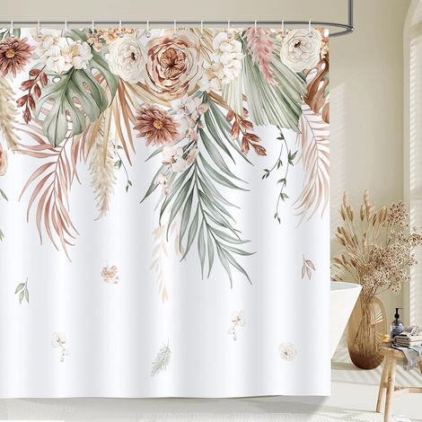Cortina de ducha estilo boho tropical, 180 x 180 cm, flores/hojas, tejido lavable con 12 ganchos. (1/5)
