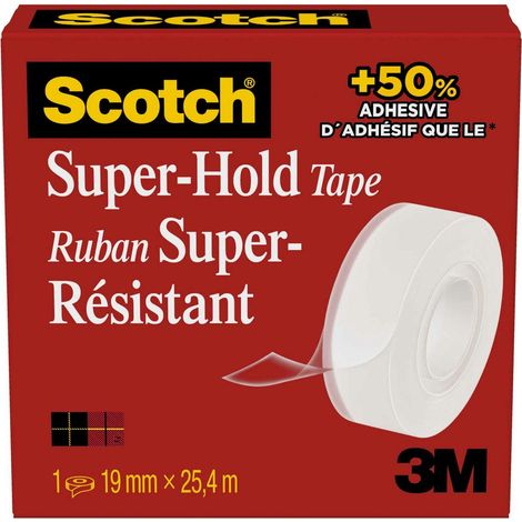 Scotch Nastro adesivo Super-Hold, 1 Rotolo, 19 mm x 25,4 m - 50% di Forza Adesiva in più Rispetto al Nastro Adesivo Crystal, Nastro Adesivo Trasparente, Sigillo Forte e Sicuro