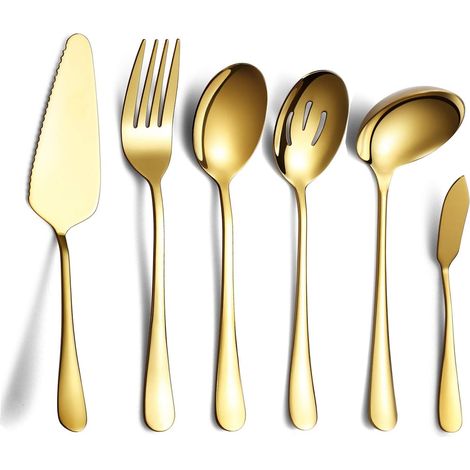 Ensemble de Couverts en Or 6 Pièces,y Compris Pelle à Gâteau, Cuillère de Service à Fente, Cuillère de Service, Fourchette à Viande Froide, Couteau à Beurre, Louche à Soupe (1/5)