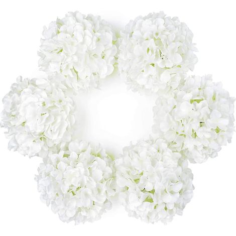 lot De 6 Grands Hortensias En Soie Artificiels (blancs) Avec Des Tiges De Bandeau De Faux Hortensias Blancs Pour Les Centres De Table De Jardin De (1/5)
