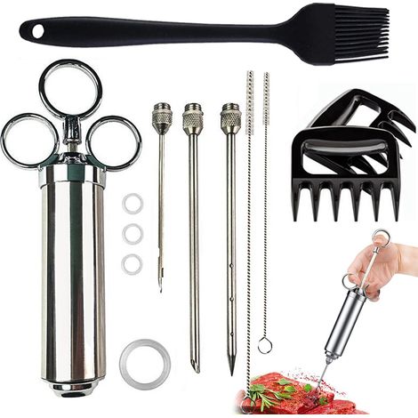 60-ml-Edelstahlspritze in Lebensmittelqualität mit 3 Nadeln – Marinadenspritze für Fleisch und Grillgut, inklusive Bürste und Krallen für Pulled Pork, leicht zu reinigen