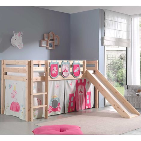 Lit toboggan 90x200 avec tente et 3 pochettes princesse pin massif clair Pino (1/5)