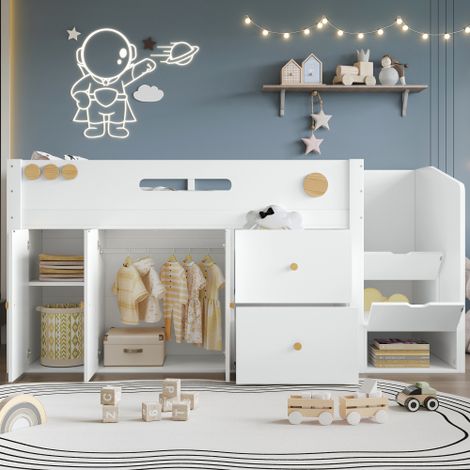 Cama altillo infantil de 90x200 cm con 2 cajones y armario, de madera, sin colchón, blanco (1/5)