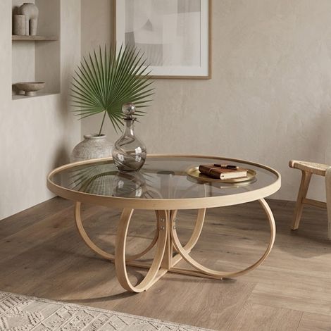 Mesa de Centro Gargallo, Cristal Templado, Redonda, Estructura de Vidrio, 100x100x47h cm Roble Marrón (1/5)