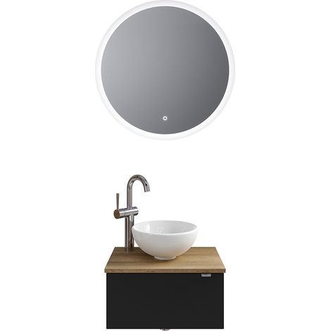 Badmöbel Set 2-teilig mit 50 cm Waschtisch, Türanschlag links in schwarz matt mit Eiche AMADORA-66 (1/5)