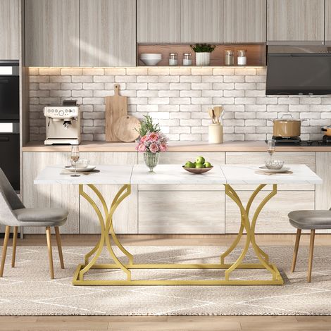 DESMIU Table de salle à manger rectangulaire 8 à 10 personnes avec plateau 2,5 cm et pieds métal, blanc et or, 200 × 80 × 76 cm (1/5)