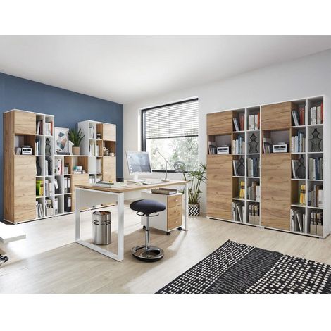 Büromöbel-Set GENT-01 in Navarra Eiche Nb. und weiß mit ABS Kanten und Schiebetüren BxHxT: 425x197x40cm (1/5)