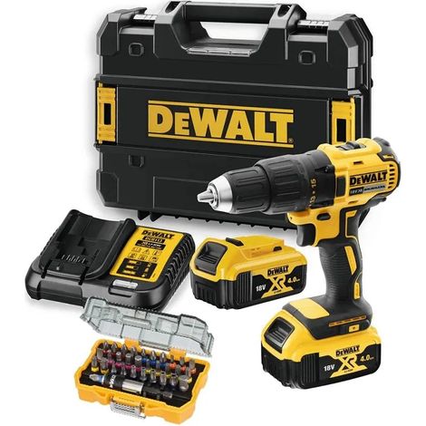 DEWALT Perceuse visseuse 18V XR - 2 batteries 18v 4.0Ah + chargeur + coffret d'embouts 32pcs + coffret Tstak - DCD777M2TA