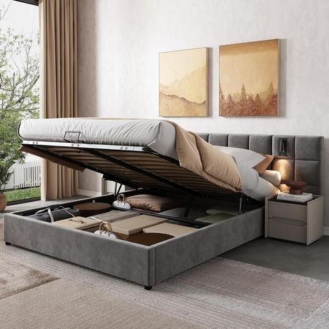 Lit Coffre Double 160x200 cm avec Lampe Directionnelle et Port USB, Lit Capitonné en Velours, Gris - sans Matelas (1/5)