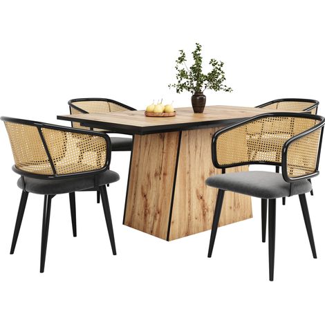 Chaise de salle à manger en velours gris avec dossier tressé, pieds en métal effet bois, confortable pour cuisine, salon, café, lot de 1 – CHICFURN (1/5)