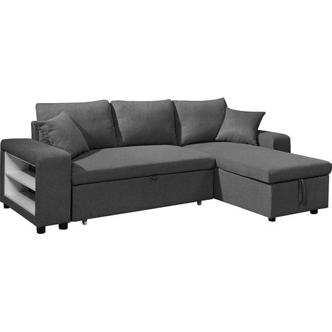 Vente-Unique – Canapé d'angle convertible réversible 4 places – Tissu 100% polyester gris anthracite – Rangement intégré et coussins inclus – Convertible tiroir (1/5)