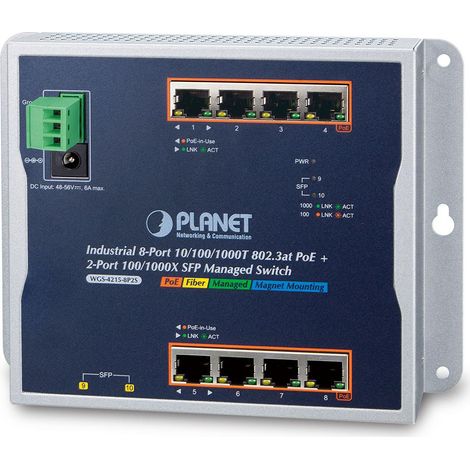 Planet IP30, IPv6/IPv4, 8 puertos 1000T, WGS-4215-8P2S