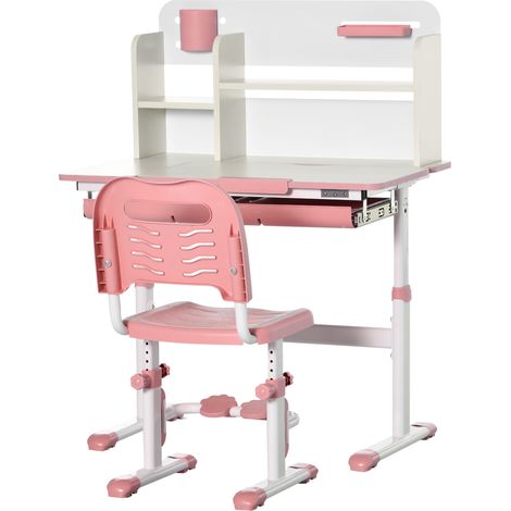 Set Bureau et Chaise Enfant Réglable 3 Ans, Table Inclinable 60° avec Tiroir et Étagères Rose (1/5)