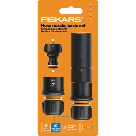 Fiskars Kit Tête de Rechange pour Buse à Tuyau, robuste, SoftGrip, avec Buse à Tuyau, Connecteur de robinet et Raccords de Tuyau, Ø 1,3-1,5 cm (1/2-5/8''), Noir/Orange, 1027090