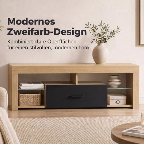Mueble TV bajo 140x40x45 cm de madera de ingeniería roble con almacenaje abierto - MEUBLIV (1/5)