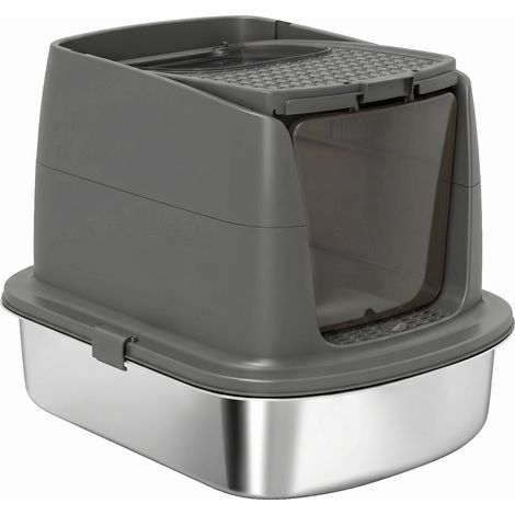 Litière pour chat en acier inoxydable, bac fermé avec pelle métallique et sac anti-odeurs, gris foncé (1/5)