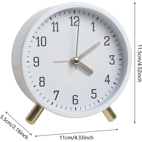Réveil analogique silencieux, sans tic-tac, avec lumière, fonctionnant sur piles, classique, simple, rond, pour table de chevet, réveil en métal élégant pour la chambre, 10 cm (blanc) (1/4)