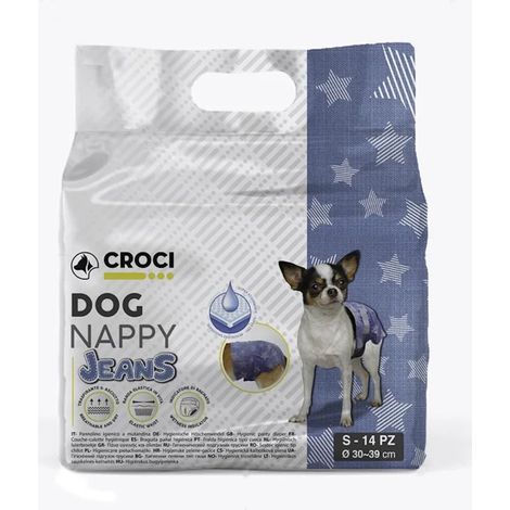 84 Pannolini igienici per cani Dog Nappy Jeans S 30-39 cm - 6 pacchi da 14 pezzi cad.