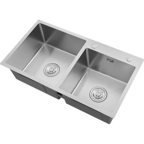Évier de cuisine, double cuve, construction en acier inoxydable, Argent (1/2)